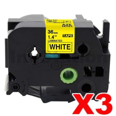 3 x Brother TZe-661 Compatible 36mm Black Text on Yellow Laminated Tape - 8 meters
