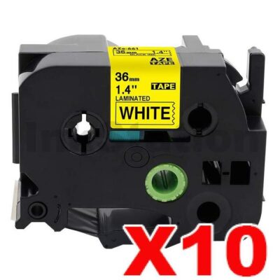 10 x Brother TZe-661 Compatible 36mm Black Text on Yellow Laminated Tape - 8 meters