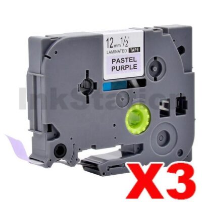 3 x Brother TZe-MQF31 Compatible 12mm Black on Pastel Purple Laminated Tape - 4 metres