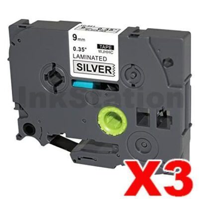 3 x Brother TZe-921 Compatible 9mm Black Text on Silver Laminated Tape - 8 meters