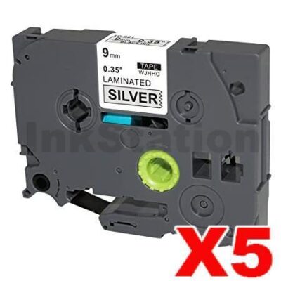 5 x Brother TZe-921 Compatible 9mm Black Text on Silver Laminated Tape - 8 meters