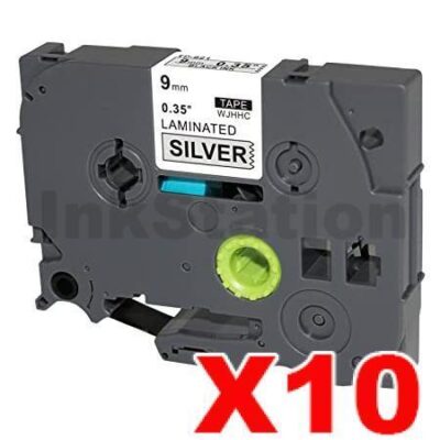 10 x Brother TZe-921 Compatible 9mm Black Text on Silver Laminated Tape - 8 meters