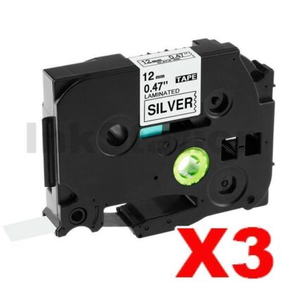 3 x Brother TZe-931 Compatible 12mm Black Text on Silver Laminated Tape - 8 meters