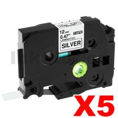 5 x Brother TZe-931 Compatible 12mm Black Text on Silver Laminated Tape - 8 meters