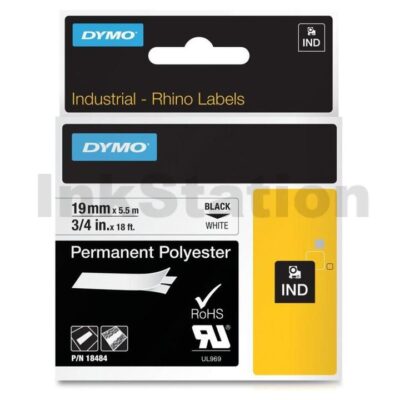 Dymo SD18484 Genuine 19mm Black Text on White Permanent Polyester Industrial Rhino Label Cassette - 5.5 meters