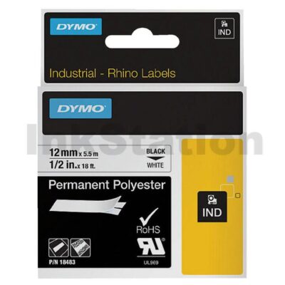 Dymo SD18483 Genuine 12mm Black Text on White Permanent Polyester Industrial Rhino Label Cassette - 5.5 meters
