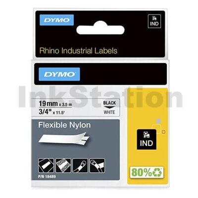 Dymo SD18489 Genuine 19mm Black Text on White Flexible Nylon Industrial Rhino Label Cassette - 3.5 meters