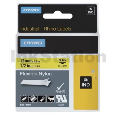 Dymo SD18490 Genuine 12mm Black Text on Yellow Flexible Nylon Industrial Rhino Label Cassette - 3.5 meters