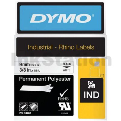 Dymo SD18482 Genuine 9mm Black Text on White Permanent Polyester Industrial Rhino Label Cassette - 5.5 meters