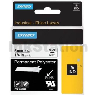 Dymo 1805442 Genuine 6mm Black Text on White Permanent Polyester Industrial Rhino Label Cassette - 5.5 meters