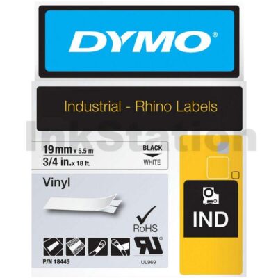 Dymo SD18445 Genuine 19mm Black Text on White Vinyl Industrial Rhino Label Cassette - 5.5 meters