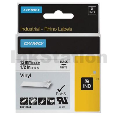 Dymo SD18444 Genuine 12mm Black Text on White Vinyl Industrial Rhino Label Cassette - 5.5 meters