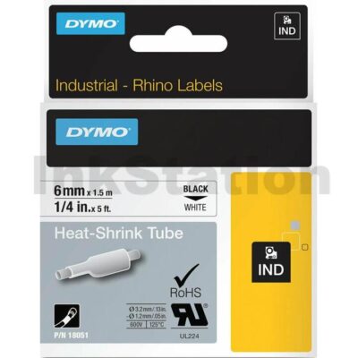 Dymo SD18051 Genuine 6mm Black Text on White Heat-Shrink Tube Industrial Rhino Label Cassette - 1.5 meters