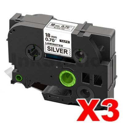 3 x Brother TZe-941 Compatible 18mm Black Text on Silver Laminated Tape - 8 meters