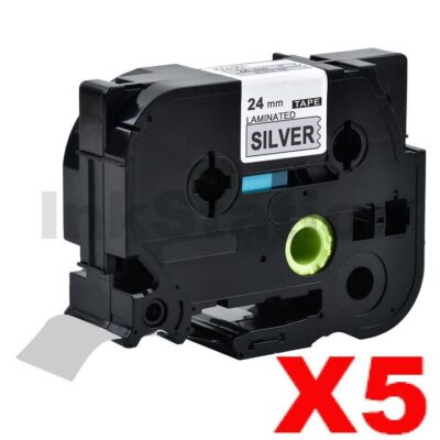 5 x Brother TZe-951 Compatible 24mm Black Text on Silver Laminated Tape - 8 meters