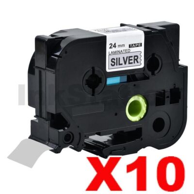 10 x Brother TZe-951 Compatible 24mm Black Text on Silver Laminated Tape - 8 meters