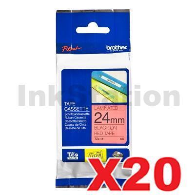 20 x Brother TZe-451 Genuine 24mm Black Text on Red Laminated Tape - 8 meters