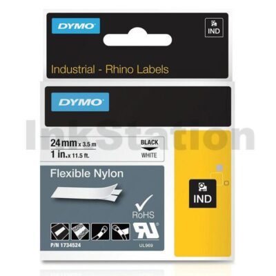 Dymo 1734524 Genuine 24mm Black Text on White Flexible Nylon Industrial Rhino Label Cassette - 3.5 meters