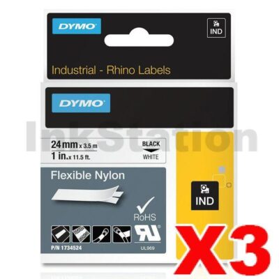 3 x Dymo 1734524 Genuine 24mm Black Text on White Flexible Nylon Industrial Rhino Label Cassette - 3.5 meters