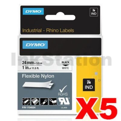 5 x Dymo 1734524 Genuine 24mm Black Text on White Flexible Nylon Industrial Rhino Label Cassette - 3.5 meters