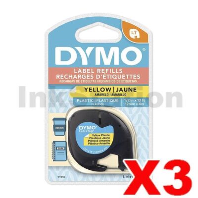 3 x Dymo 91332 Genuine 12mm x 4m Black On Yellow LetraTag Plastic Tape