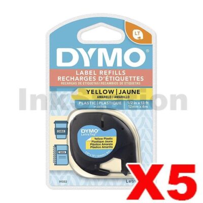 5 x Dymo 91332 Genuine 12mm x 4m Black On Yellow LetraTag Plastic Tape