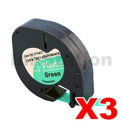3 x Dymo SD91204 Compatible 12mm x 4m Black On Green LetraTag Plastic Tape