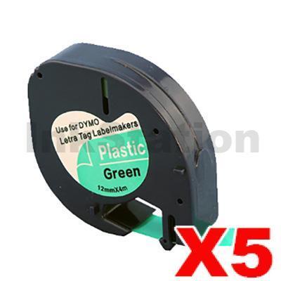 5 x Dymo SD91204 Compatible 12mm x 4m Black On Green LetraTag Plastic Tape