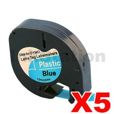 5 x Dymo SD91205 / 91335 Compatible 12mm x 4m Black On Blue LetraTag Plastic Tape