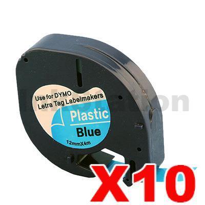 10 x Dymo SD91205 / 91335 Compatible 12mm x 4m Black On Blue LetraTag Plastic Tape