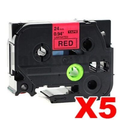 5 x Brother TZe-451 Compatible 24mm Black Text on Red Laminated Tape - 8 meters