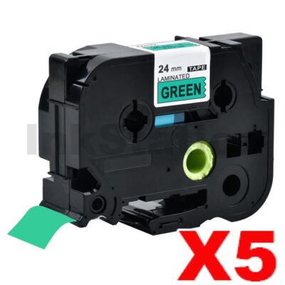 5 x Brother TZe-751 Compatible 24mm Black Text on Green Laminated Tape - 8 meters