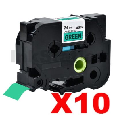 10 x Brother TZe-751 Compatible 24mm Black Text on Green Laminated Tape - 8 meters