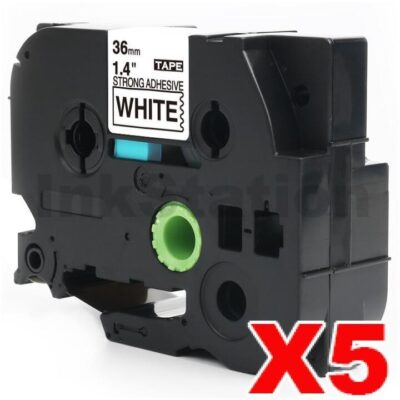 5 x Brother TZe-S261 Compatible 36mm Black Text on White Strong Adhesive Laminated Tape - 8 metres