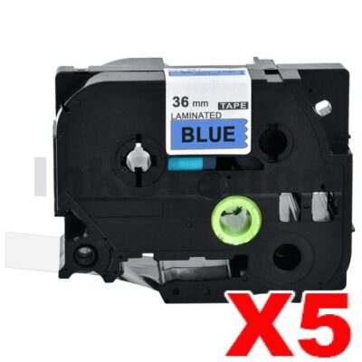 5 x Brother TZe-561 Compatible 36mm Black Text on Blue Laminated Tape - 8 metres