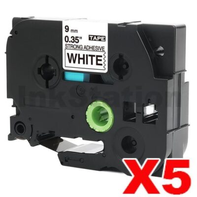 5 x Brother TZe-S221 Compatible 9mm Black Text on White Strong Adhesive Laminated Tape - 8 metres