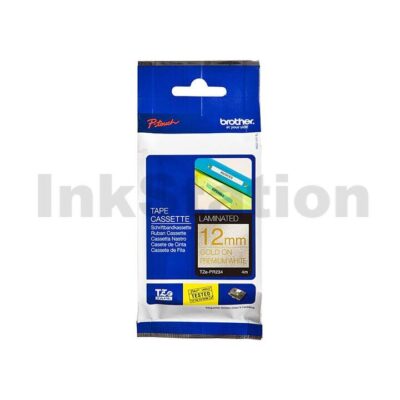 Brother TZe-PR234 Genuine 12mm Gold Text on Premium White Laminated Tape - 4 metres