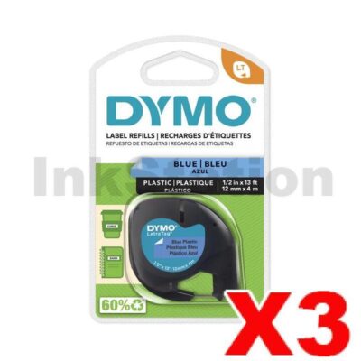 3 x Dymo 91335 Genuine 12mm x 4m Black On Blue LetraTag Plastic Tape