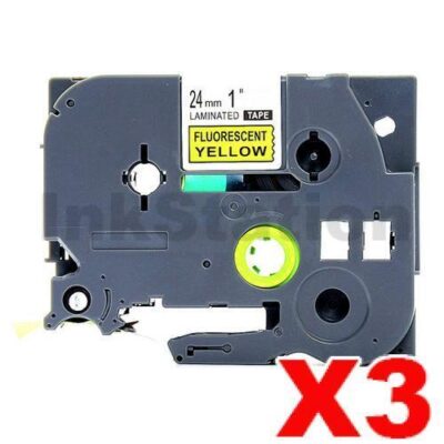 3 x Brother TZe-C51 Compatible 24mm Black Text on Yellow Fluorescent Tape - 5 meters