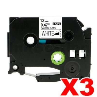 3 x Brother TZe-FA231 Compatible 12mm Black Text on White Fabric Tape - 3 meters