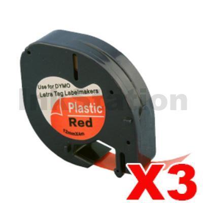 3 x Dymo SD91203 / 91333 Compatible 12mm x 4m Black On Red LetraTag Plastic Tape