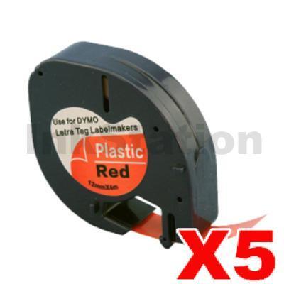 5 x Dymo SD91203 / 91333 Compatible 12mm x 4m Black On Red LetraTag Plastic Tape