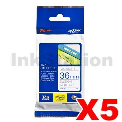 5 x Brother TZe-263 Genuine 36mm Blue Text on White Laminated Tape - 8 meters