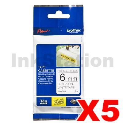 5 x Brother TZe-S211 Genuine 6mm Black Text on White Strong Adhesive Laminated Tape - 8 metres