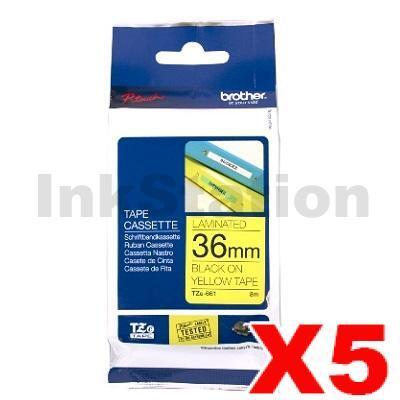 5 x Brother TZe-S661 Genuine 36mm Black Text on Yellow Strong Adhesive Laminated Tape - 8 metres