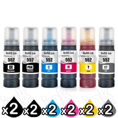 12-Pack Compatible Epson T552 EcoTank Ink Bottle Combo [2BK,2PBK,2C,2M,2Y,2GY]