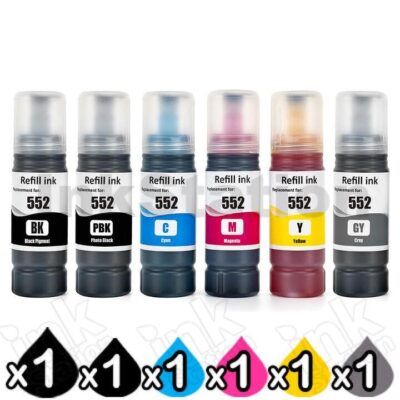 6-Pack Compatible Epson T552 EcoTank Ink Bottle Combo [1BK,1PBK,1C,1M,1Y,1GY]
