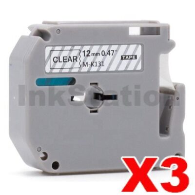 3 x Brother M-K131 Compatible 12mm Black Text on Clear Tape - 8 meters