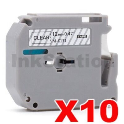 10 x Brother M-K131 Compatible 12mm Black Text on Clear Tape - 8 meters