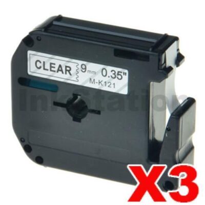 3 x Brother M-K121 Compatible 9mm Black Text on Clear Tape - 8 meters
